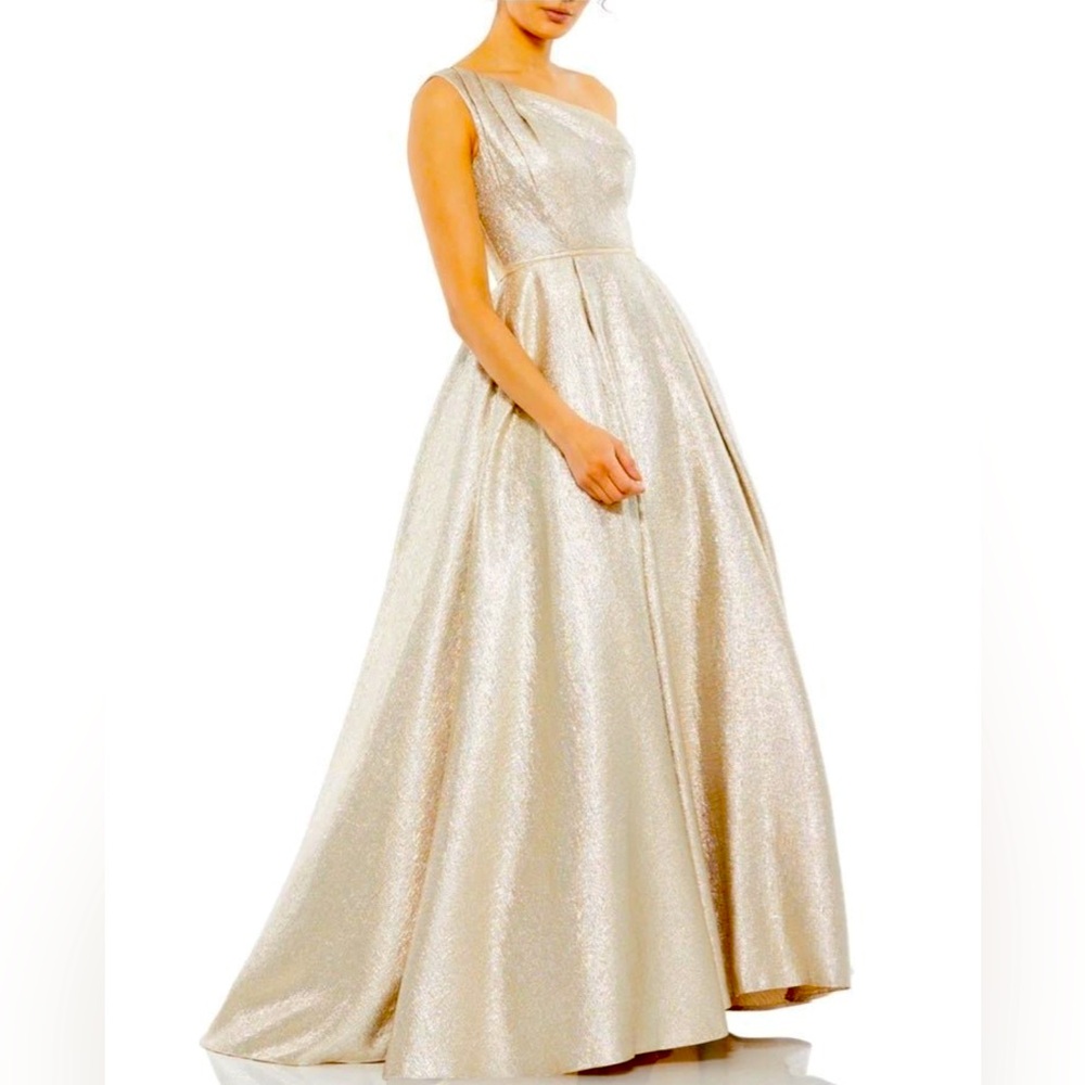 Mac Duggal Shimmering Gold One-Shoulder Gown